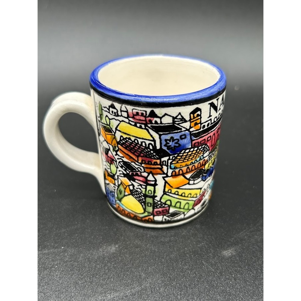 Nazareth‎ Ceramic Mug Hand Painted Cityscape Blue Rim Souvenir 4oz.